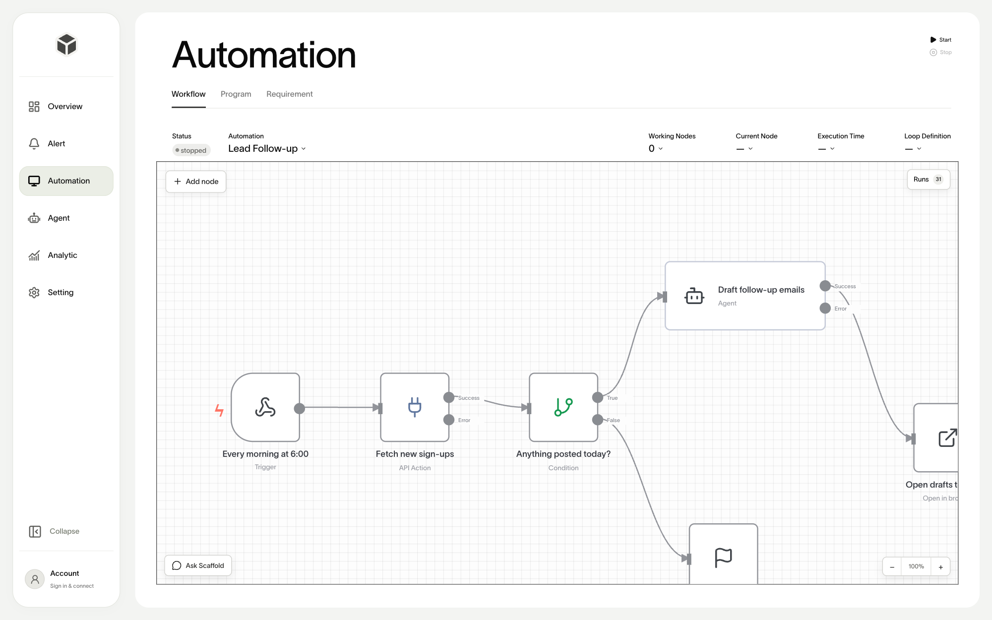 The Scaffold builder showing the Lead Follow-up workflow: a 6:00 trigger, a fetch of new sign-ups, a condition, an agent step that drafts follow-up emails, and a step that opens the drafts for review.